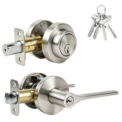 Keyed Alike Front Door Handle and Deadbolt Set, Roundness Heavy Duty Door Handle with Deadbolt Locks, Deadbolt Lock and Door Knob Set for Exterior Doors Satin Nickel, 1Pack