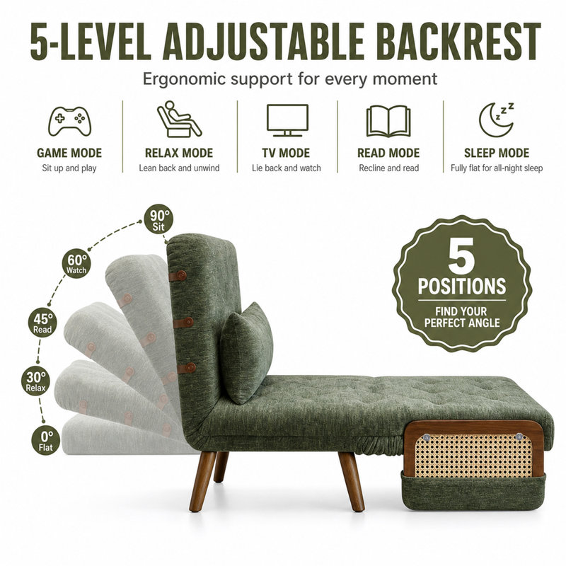 Convertible Sleeper Chair Bed for Adults, Folding Single guest bed, Green