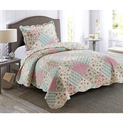 Twin Size Reversible Patchwork Quilt Set, Pink And Green Rose Design, 2-Piece Lightweight Soft Coverlet Bedding Set With 1 Pillow Sham, All-Season Bedspread