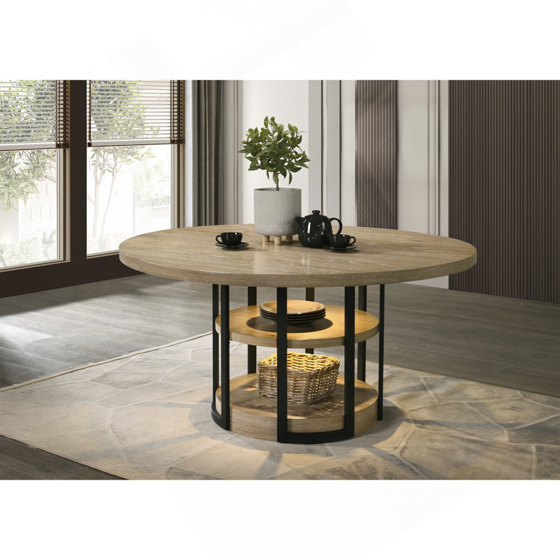 Table de salle à manger ronde en chêne rustique avec lumière DEL, cadre en métal noir et tablettes Eden