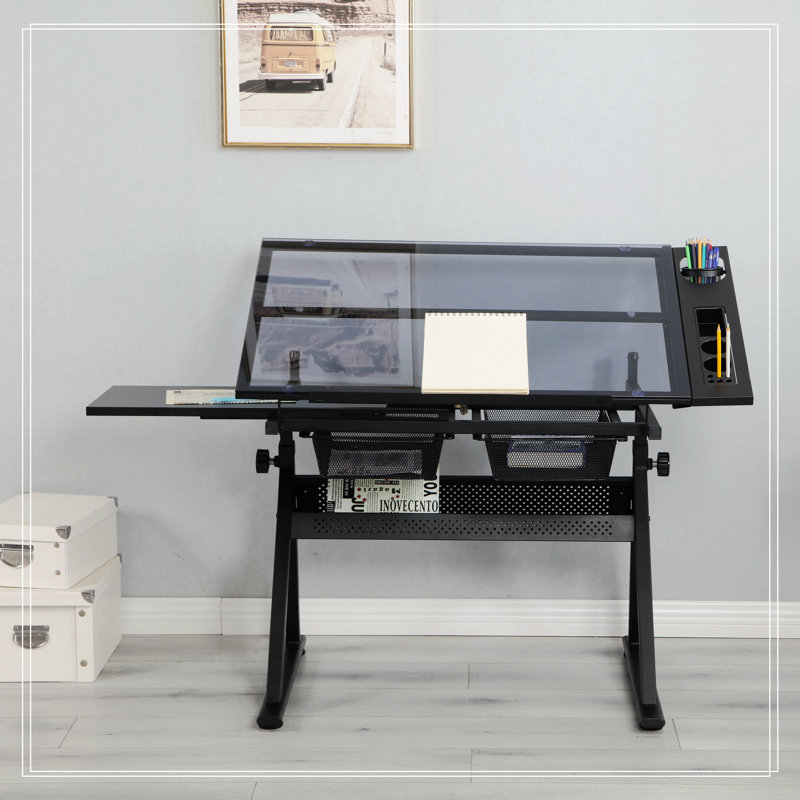 Matxalen Adjustable Height Tempered Glass Steel Drafting Table, Black