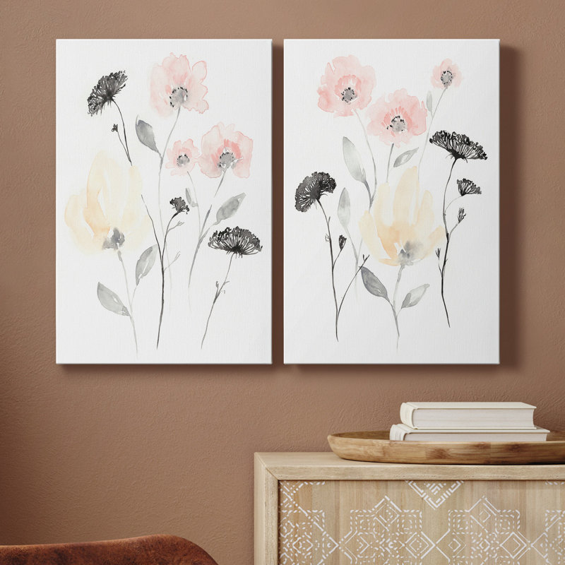 Blush & Black Wildflowers II - Toile tendue avec châssis de qualité supérieure - prête à être accrochée