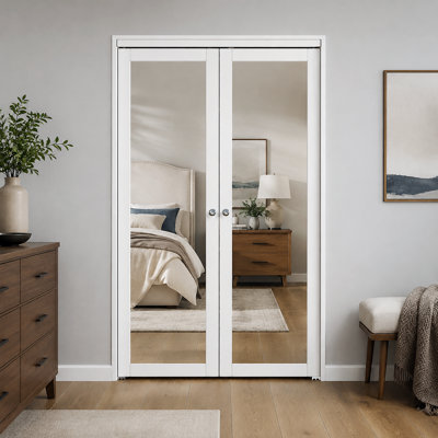 Porte pivotante de 48 po x 80 po à un battant, à âme pleine et miroir, style porte-fenêtre, avec trousse de quincaillerie d'installation (idéale pour placard, garde-manger, buanderie, salle de bain)