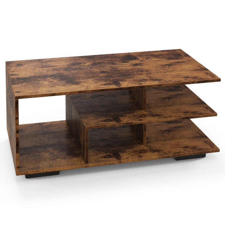 Rectangular Coffee Table with L-shaped Middle Shelf, Brown