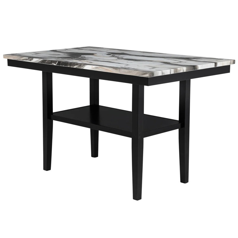 Table de salle à manger rectangulaire de 60 po à hauteur de comptoir avec tablette de rangement, base en bois d'ingénierie noir, plateau en lave imitation marbre gris anthracite, pour la cuisine et la salle à manger, 4 sièges, design moderne, finition laquée brillante, assemblage