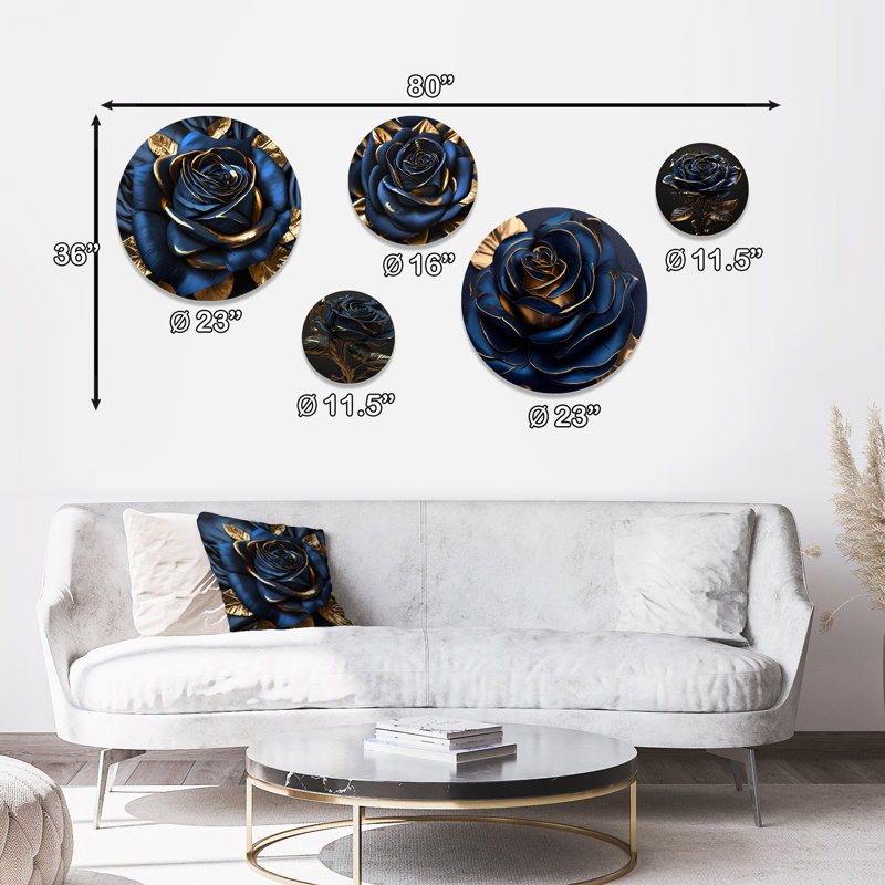 Gilded Rose In Kings Blue I - 5 round metal Wall Decor Set
