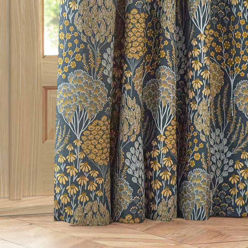 Ophelia Floral Jacquard Pencil Pleat Curtains, Navy, 117cm Width x 137cm Drop