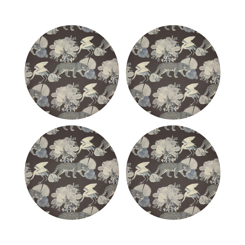 Leopard Walk Powder Vegan Leather Round Coasters, Chocolatte