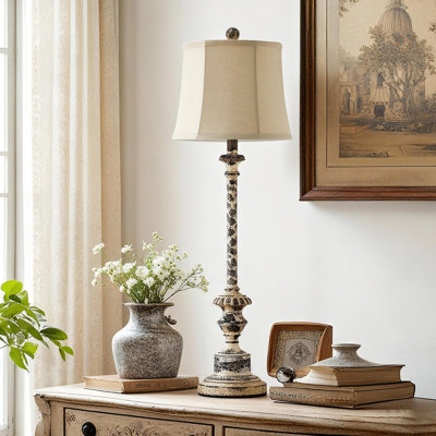 Distressed Vintage Resin Buffet Lamp With Linen Shade, 35.25" Traditional Accent Lamp For Living Room, Bedroom, Includes A19 LED Bulb