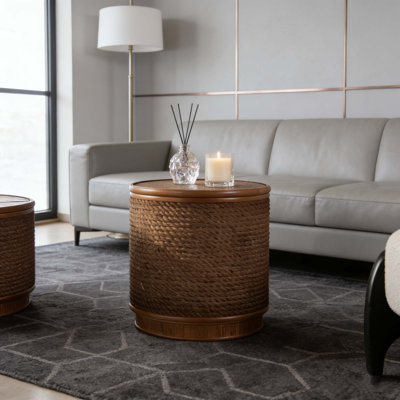 Round Rattan Coffee Table with Lift-Off Lid Storage, Hand-Woven Hemp Rope Trim