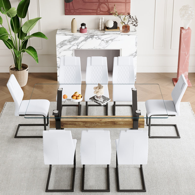 7-Piece Glass Top Dining Table Sets, White/Black, Black