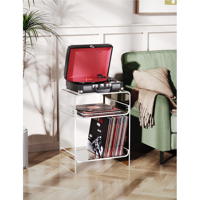 Acrylic Record Player Table with Storage Shelf, Clear Side Table Nightstand, 22.8" H x 17.7" W x 11.8" D, Clear