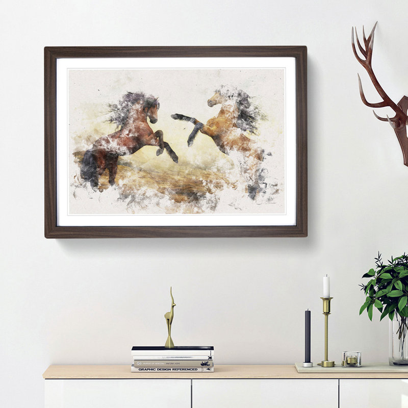 Two Wild Stallion Horses 1 Piece Single Picture Frame Wall Art on MDF, 35cm H x 50cm W x 2cm D, Walnut