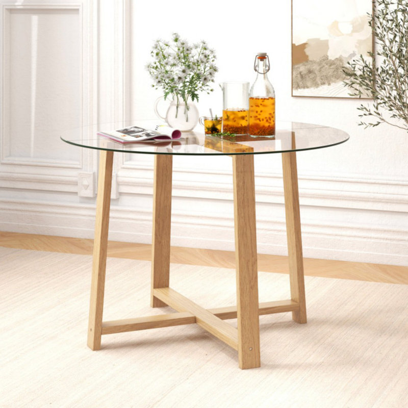Table de salle à manger ronde en verre 42 pouces avec plateau en verre trempé et pieds en bois d'hévéa