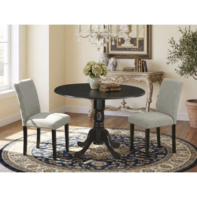 3 Piece Dinette Set for Small Spaces Contains a Round Dining Table with Dropleaf and 2 Shitake Linen Fabric Upholstered Chairs, 42x42 Inch, Black