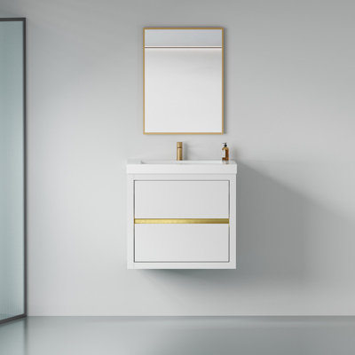 Meuble-lavabo mural de 61 cm (24 po) avec comptoir et lavabo en pierre reconstituée, armoire blanche brillante, 2 tiroirs