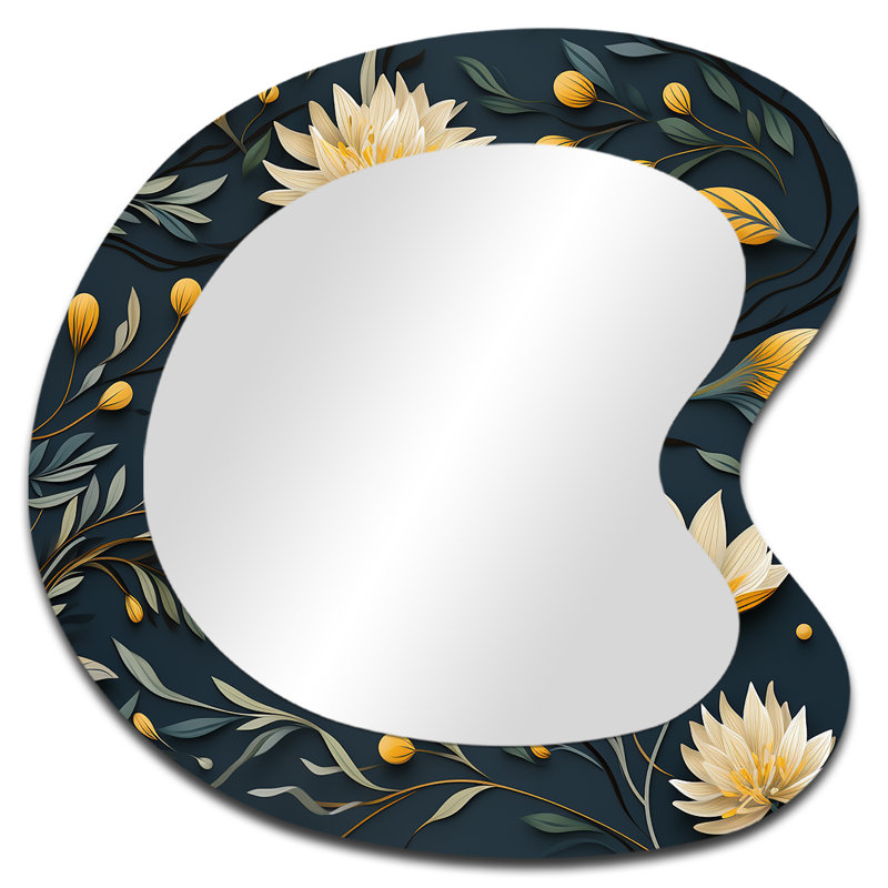 Ferida jaune et bleu, fleurs tranquilles et zen - grand miroir mural de forme irrégulière botanique, 27 po x 27 po
