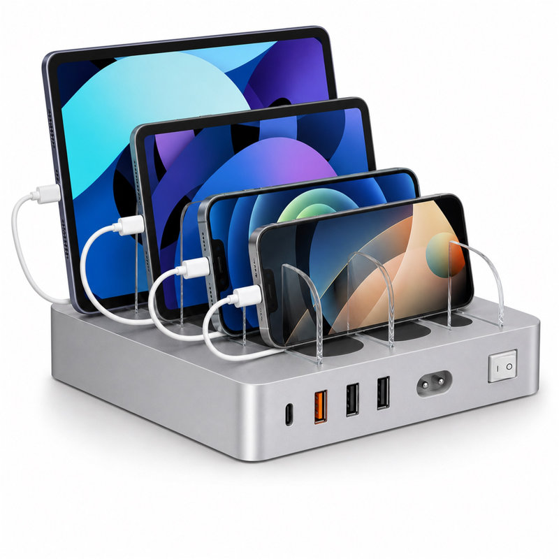 Station de recharge USB à 4 ports, 20 W PD, 4 câbles, argent