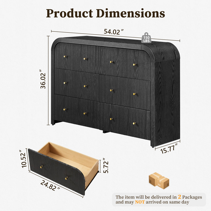 54" Fluted 6-drawer Dresser With Thickened Curved Profile, Black Oak