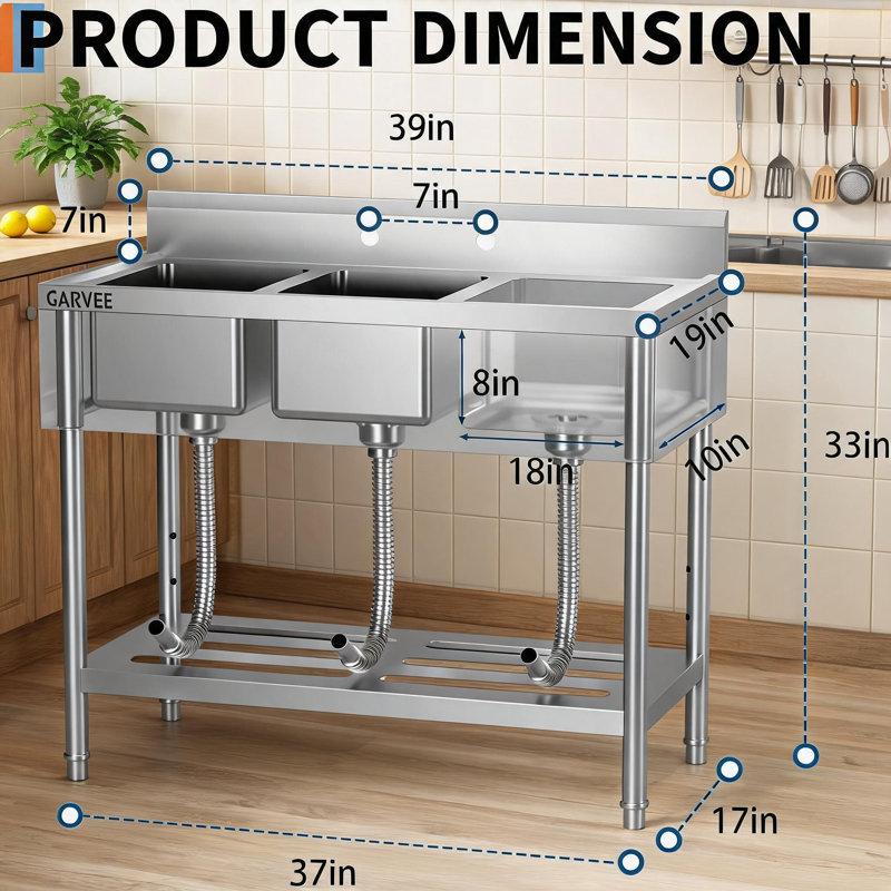 Évier utilitaire en acier inoxydable 39 po x 19 po x 33 po, cuve à lessive à cuve simple autoportante avec plan de travail, cuve profonde pour salle de lavage, garage, sous-sol, station de préparation ou de nettoyage, conception prête pour le robinet.