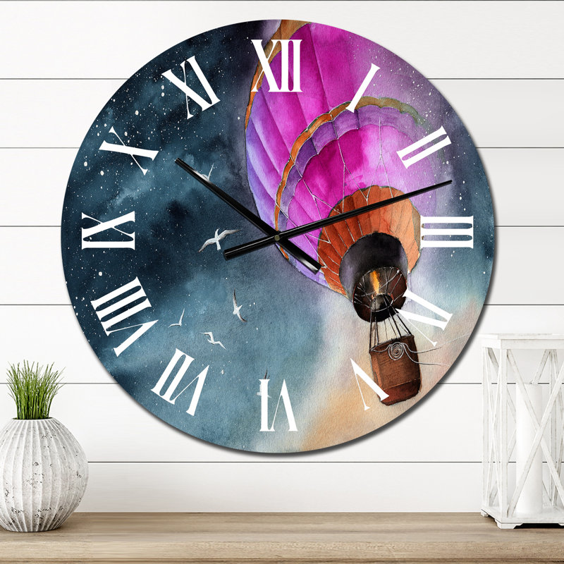 Horloge murale en forme de montgolfière rose dans la nuit étoilée, Moyen