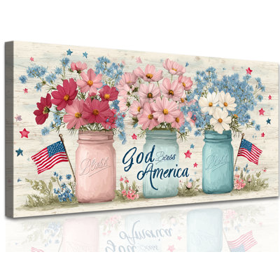  Patriotic Canvas Wall Art Prints, Vintage American Flag Farmhouse Painting, Summer Independence Day Americana Artwork Decor Rustic Floral Pictures for 4th of July Bedroom, 16x32 inches
