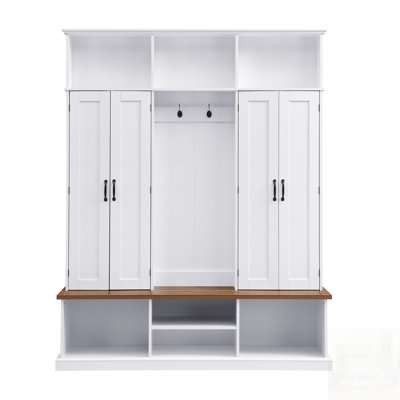 Entryway Hall Tree With Bench, Top Cubbies, And Bottom Storage, Farmhouse Design For Mudroom And Living Room
