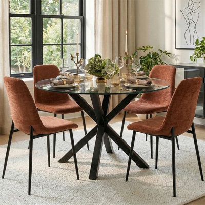 4 - Person Dining Table Sets With Glass Round Table & 4 Upholstered Chenille Chairs