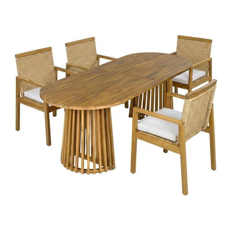 Dorset Patio 6-Person Acacia Wood Dining Set With PE Wicker Backrest & Cushions, 5 Pieces: Table, 4 Chairs, Teak, Natural