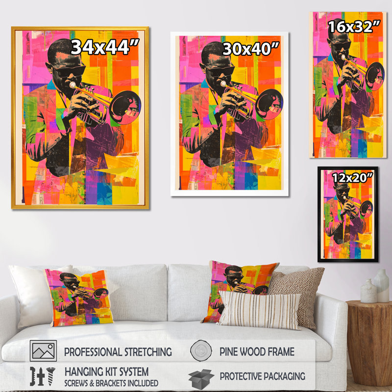 «Jazz Trumpeter In The Spotlight I», impression d'art mural, H 40 po x l 30 po, Toile tendue, Ne s’applique pas