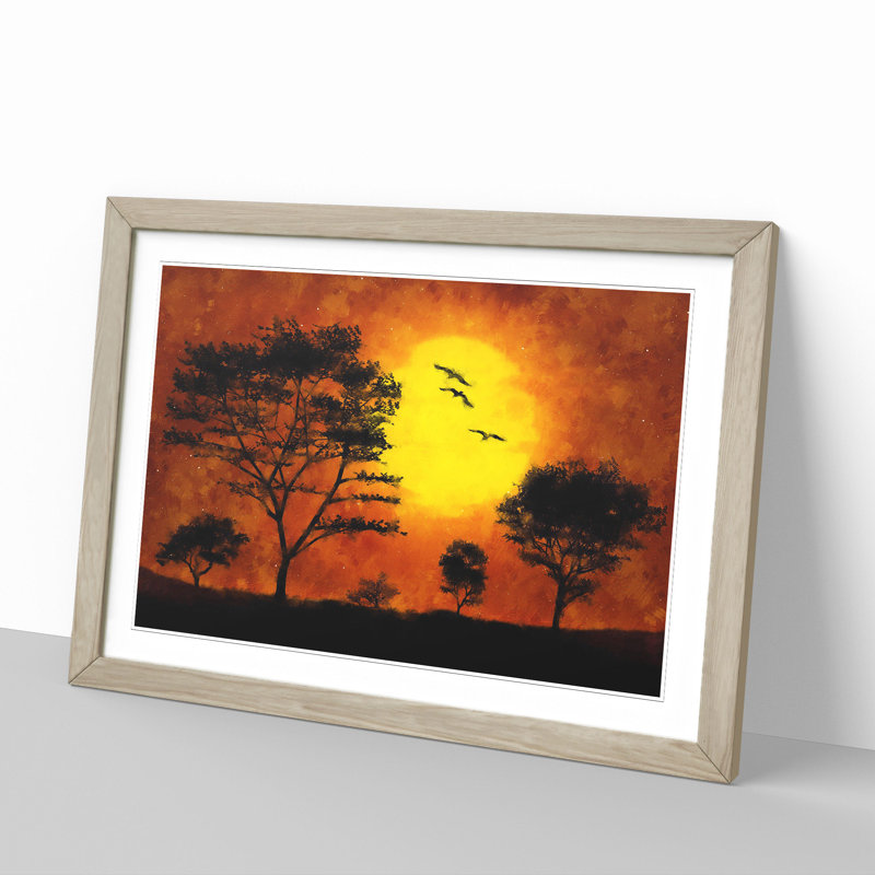 Birds and Trees at Sunset - Picture Frame Painting, Oak Framed, 27cm H x 36cm W x 2cm D
