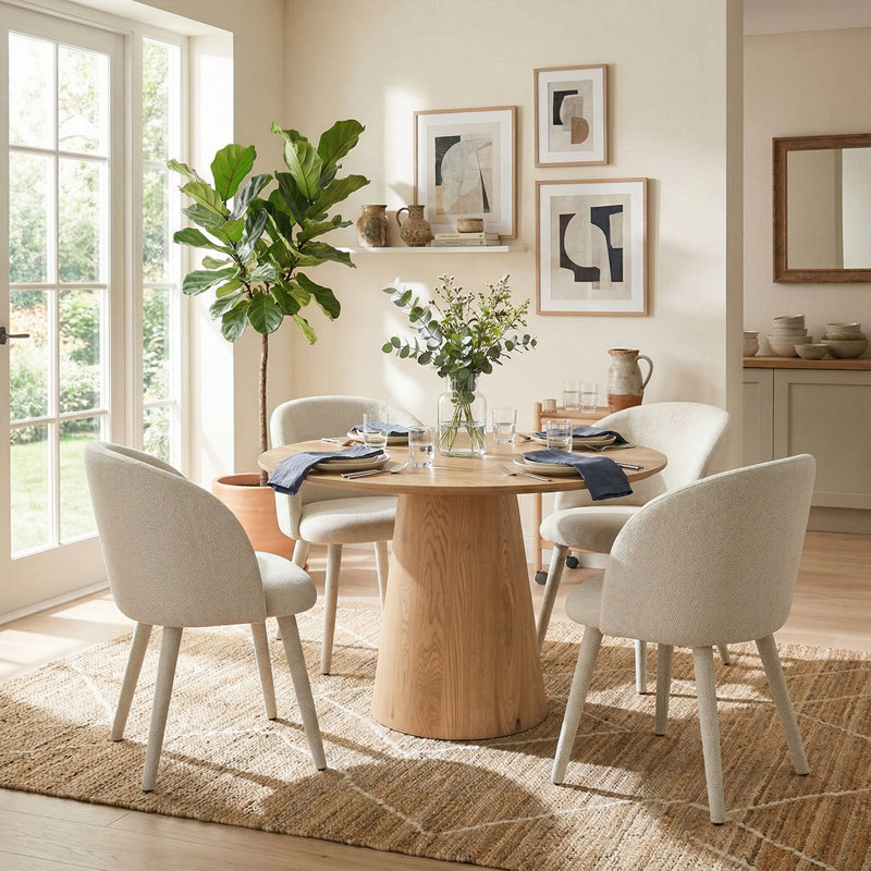 46" Modern Round Dining Table Set With Upholstered Armchairs For 4, Beige