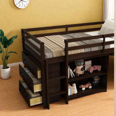 Lits avec rangement, lit mezzanine simple en bois, espresso moderne pour petite maison