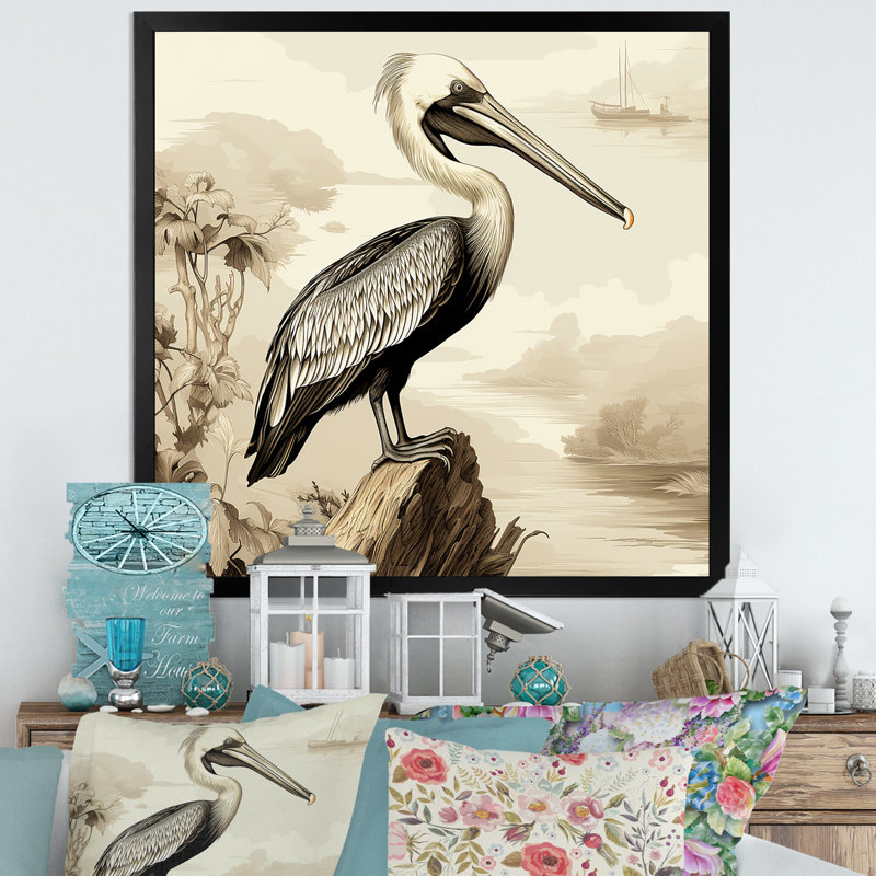 Pélican rétro par The Shore II - art mural pélican, Cadre photo noir, H 16 po x l 16 po x P 1 po