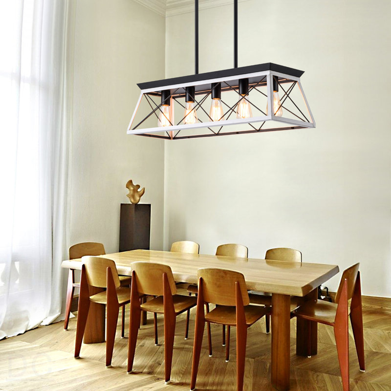 Lustre suspendu industriel noir et blanc de 32 po à 5 lumières, cage moderne en métal, luminaire suspendu réglable pour la salle à manger, la cuisine et le salon (sans ampoules)