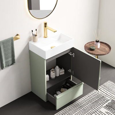 Meuble-lavabo autoportant moderne, 51 cm (20 po), caisson cannelé, poignée intégrée, lavabo, installation facile. Meuble de salle de bain rayé avec lavabo en céramique blanche, style moderne, panneaux de qualité E1, charnières, fini lisse.