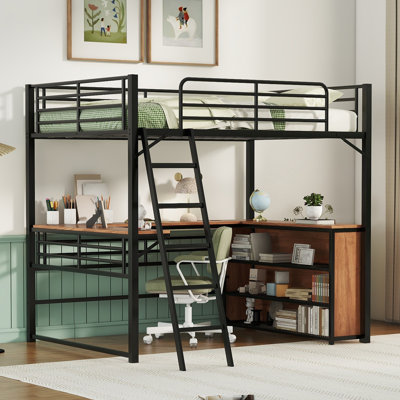 Metal Loft Bed With 3 Layers Of Shelves And L-Shaped Desk by Mason & Marbles
