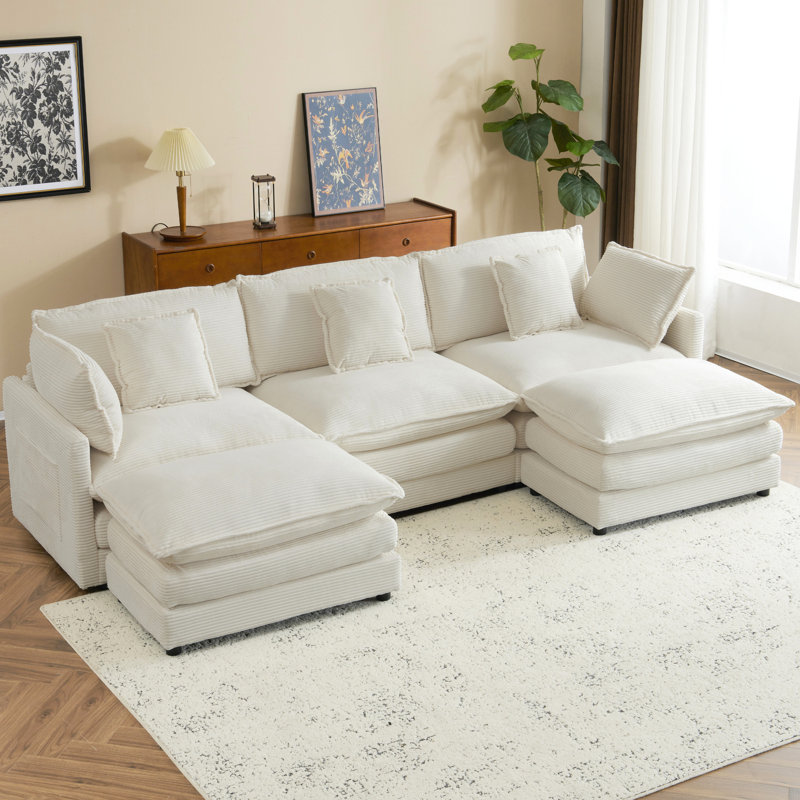 Canapé de salon confortable en velours côtelé beige avec repose-pieds, rangement et sièges pratiques pour un tissu durable