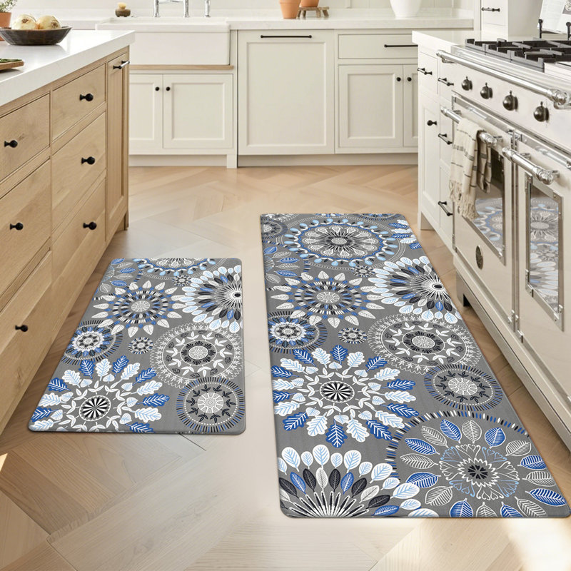 Jalissia Anti-Fatigue Non-Skid Kitchen Mat, Gray/Blue/Black/White, Runner 18" x 30" + 18" x 48"