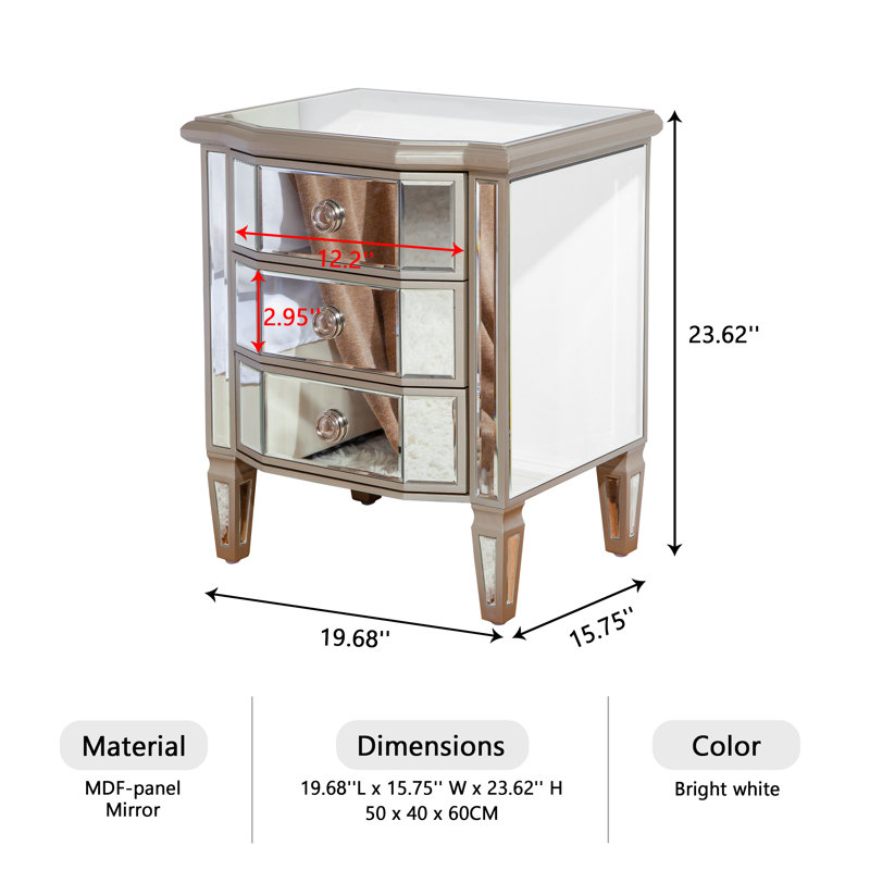 Table de chevet en verre à miroir 3 tiroirs Adelais