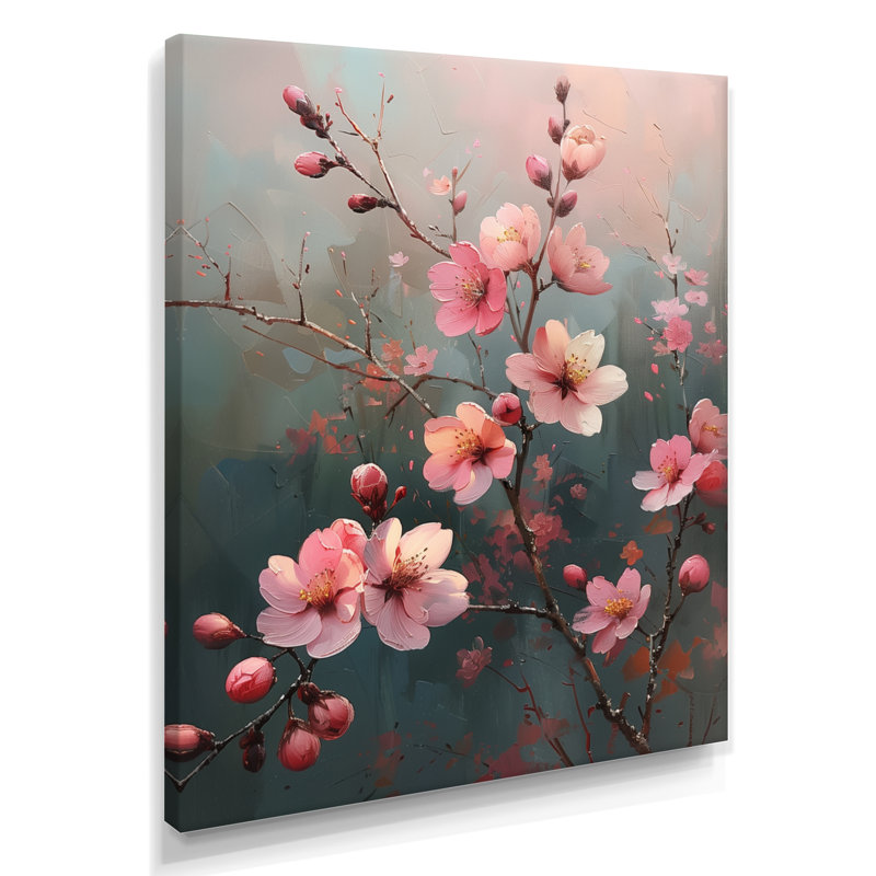 «Pink Cherry Blossom Feminine Charm I» - impression d'art mural cerisier en fleurs, Toile tendue, H 24 po x l 32 po