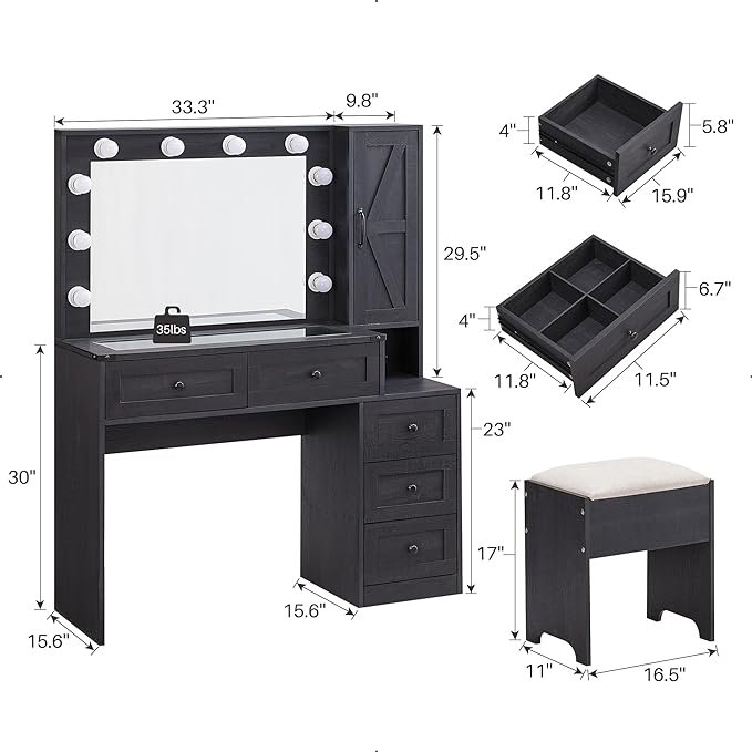 Ensemble de meuble-lavabo 43 po avec miroir à DEL et prise de courant et 5 tiroirs, ensemble de coiffeuse avec tabouret Narvis
