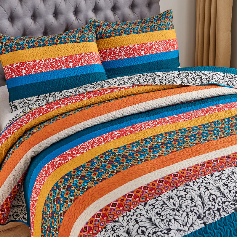 Ensemble de courtepointe réversible en microfibre orange / bleu  3 pièces, Courtepointe grande + 2 taies décoratives