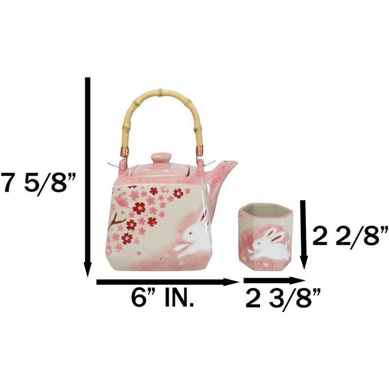 Sakura Cherry Blossoms With Rabbit Hexagonal Teapot With 4 Tea Cups Set, Pink