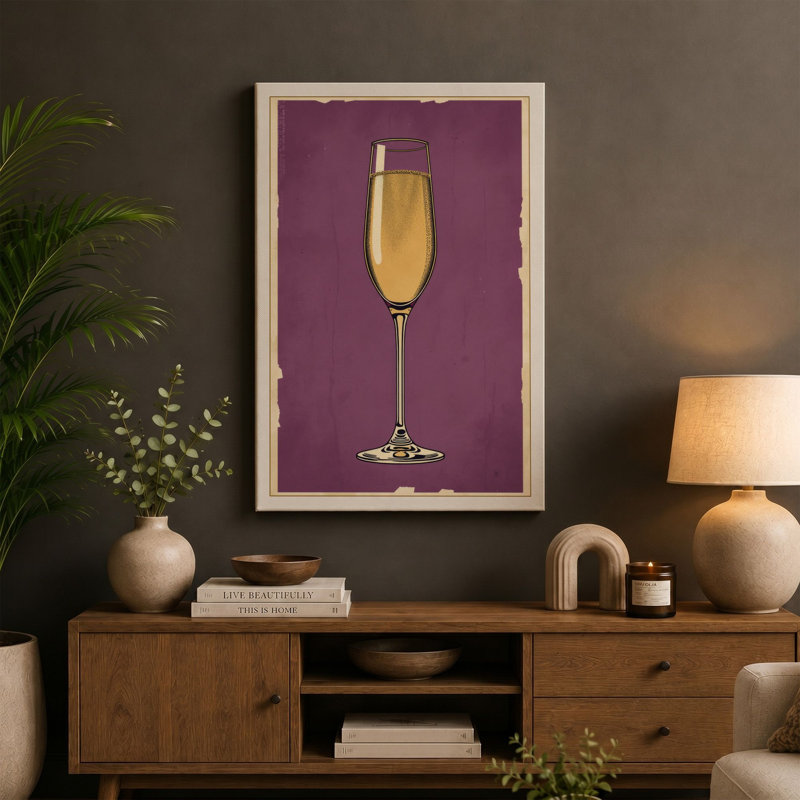 Golden Champagne Glass Mid-Century - Wrapped Canvas, 24x16 - 61.0 x 40.6 cm, Sage Border