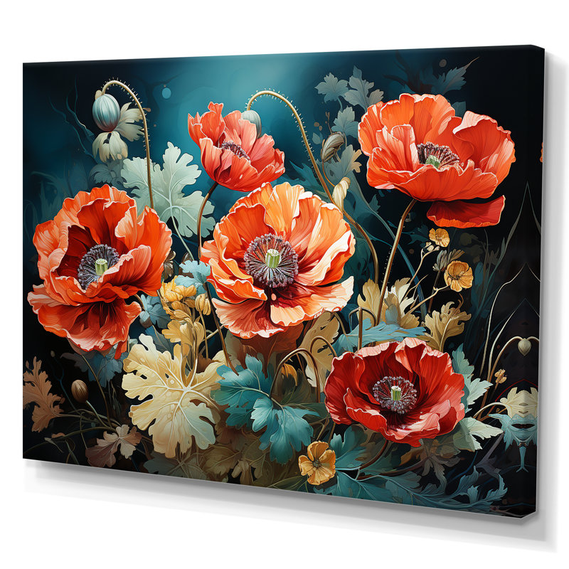 «Red and Green Poppy Reverie I», art mural coquelicots, Toile tendue, H 12 po x l 20 po x P 1 po