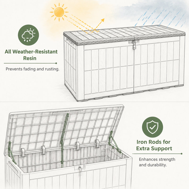 Coffre de terrasse Quartey 120 gallons en résine avec mécanisme de fermeture en douceur et serrure, Blanc / noir