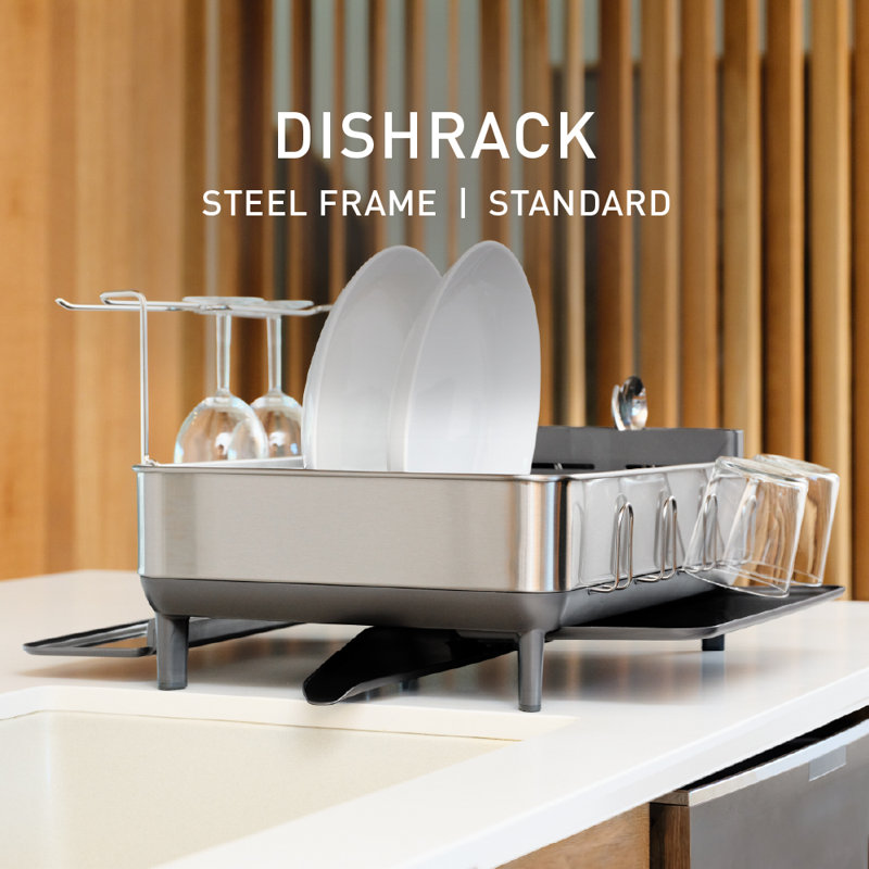 simplehuman Kitchen Dish Drying Rack with Swivel Spout, Fingerprint-Proof Stainless Steel Frame, Brushed
