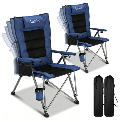 Folding Camping Chair With Cup Holder And Storage Bag, 2‑Pack, Heavy Duty Support 500 LBS, Oversized Collapsible Portable Adjustable Back Support Camping Chair For Outdoor Lawn Patio Balcony