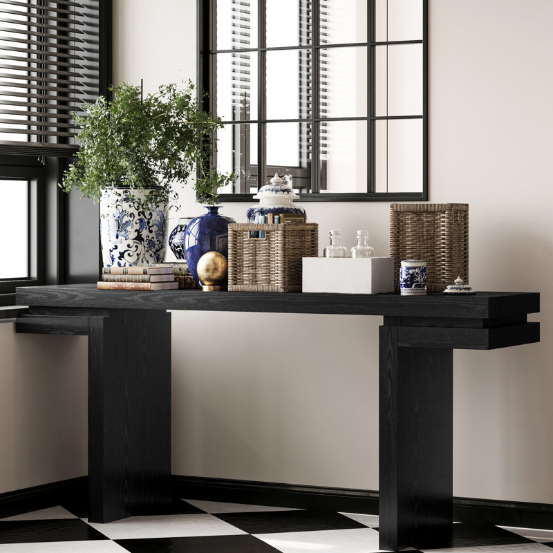 Console noire très large de 66 po, placage en bois véritable, design minimaliste pour le bureau et les espaces de vie, grand espace de rangement en placage de table, couloir facile à assembler